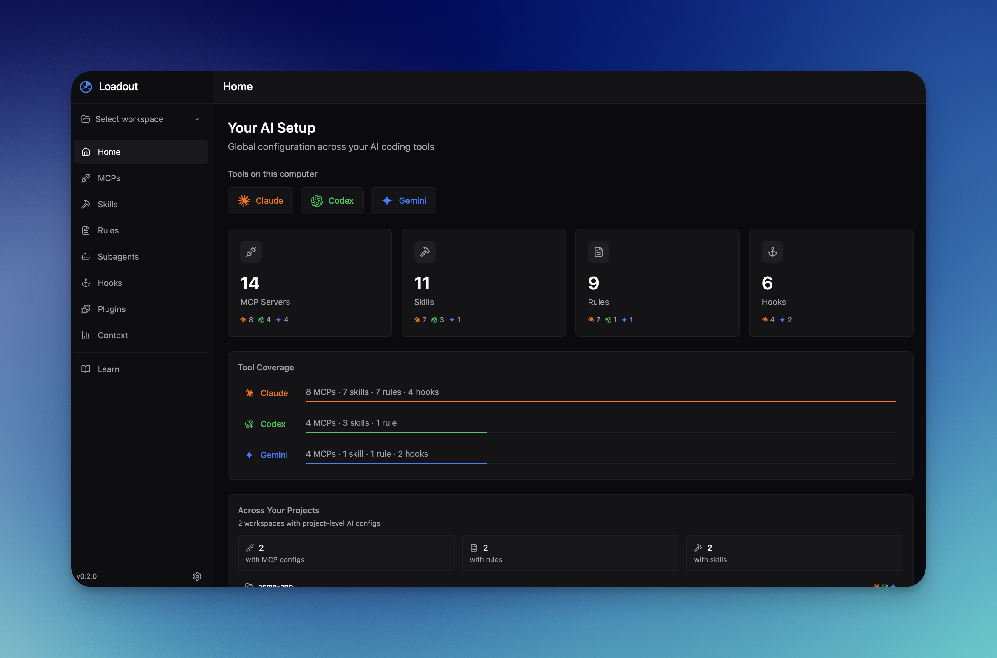 Loadout dashboard — stat cards, detected tools, and discovered workspaces